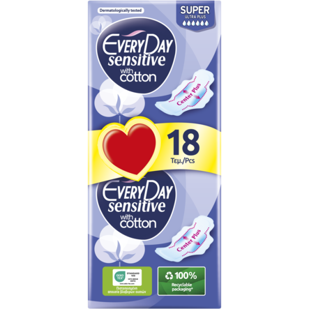 EVERYDAY - VALUE PACK SENSITIVE WITH COTTON Σερβιέτες Super Ultra Plus - 18τεμ.